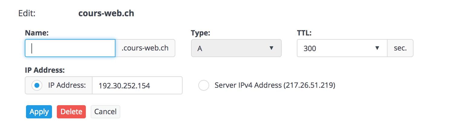 Même réglage, chez Hostpoint