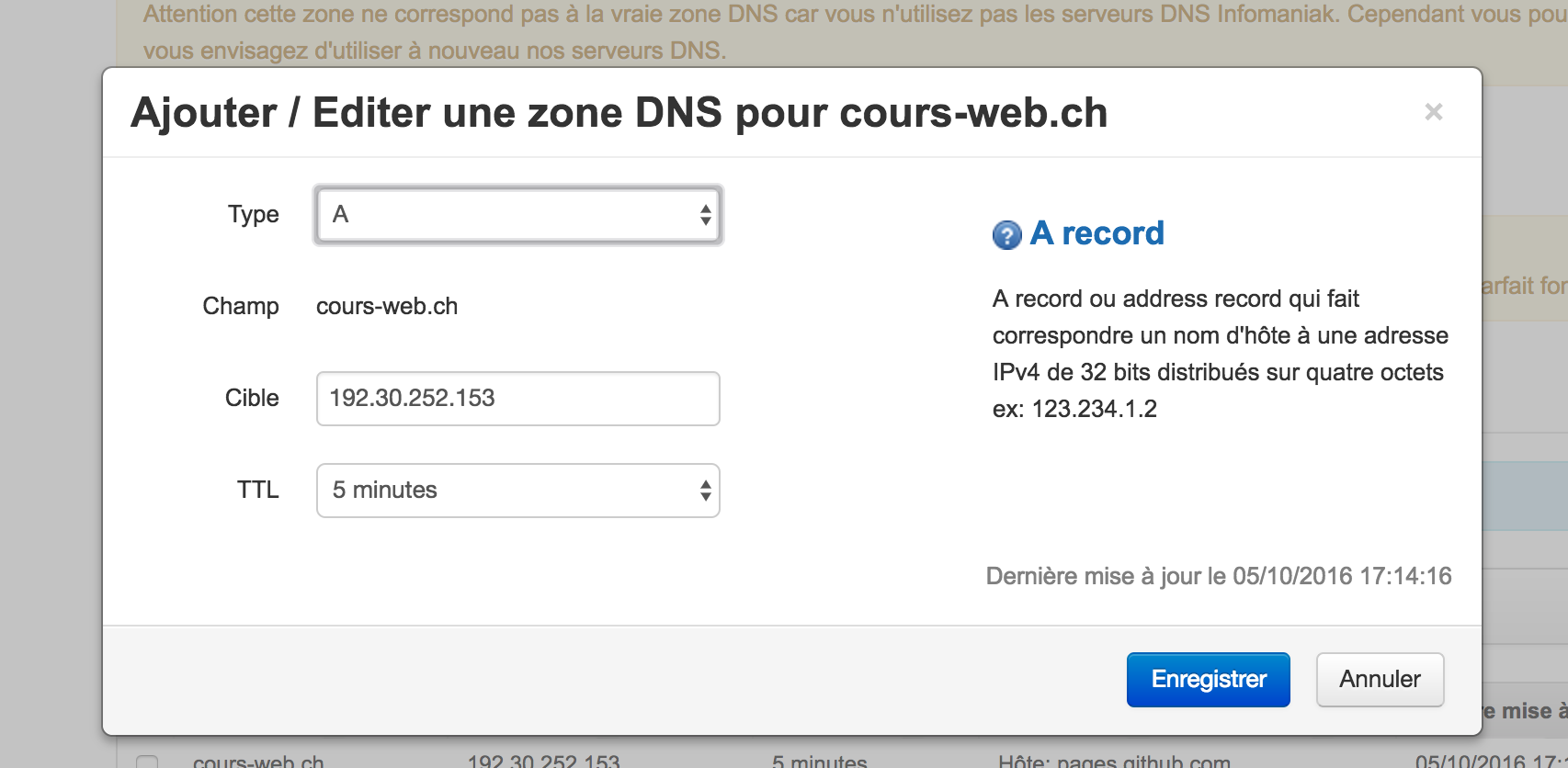 Ajout de zone A chez Infomaniak