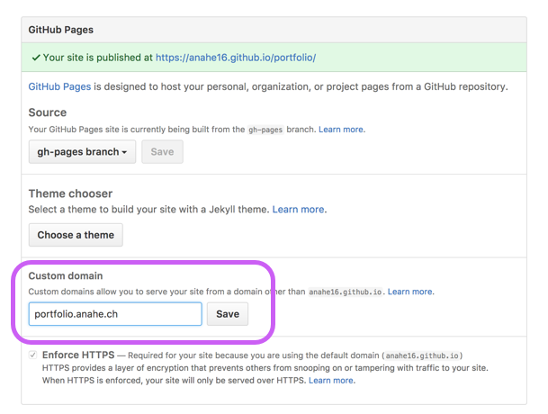 Saisie du domaine pour GitHub Pages