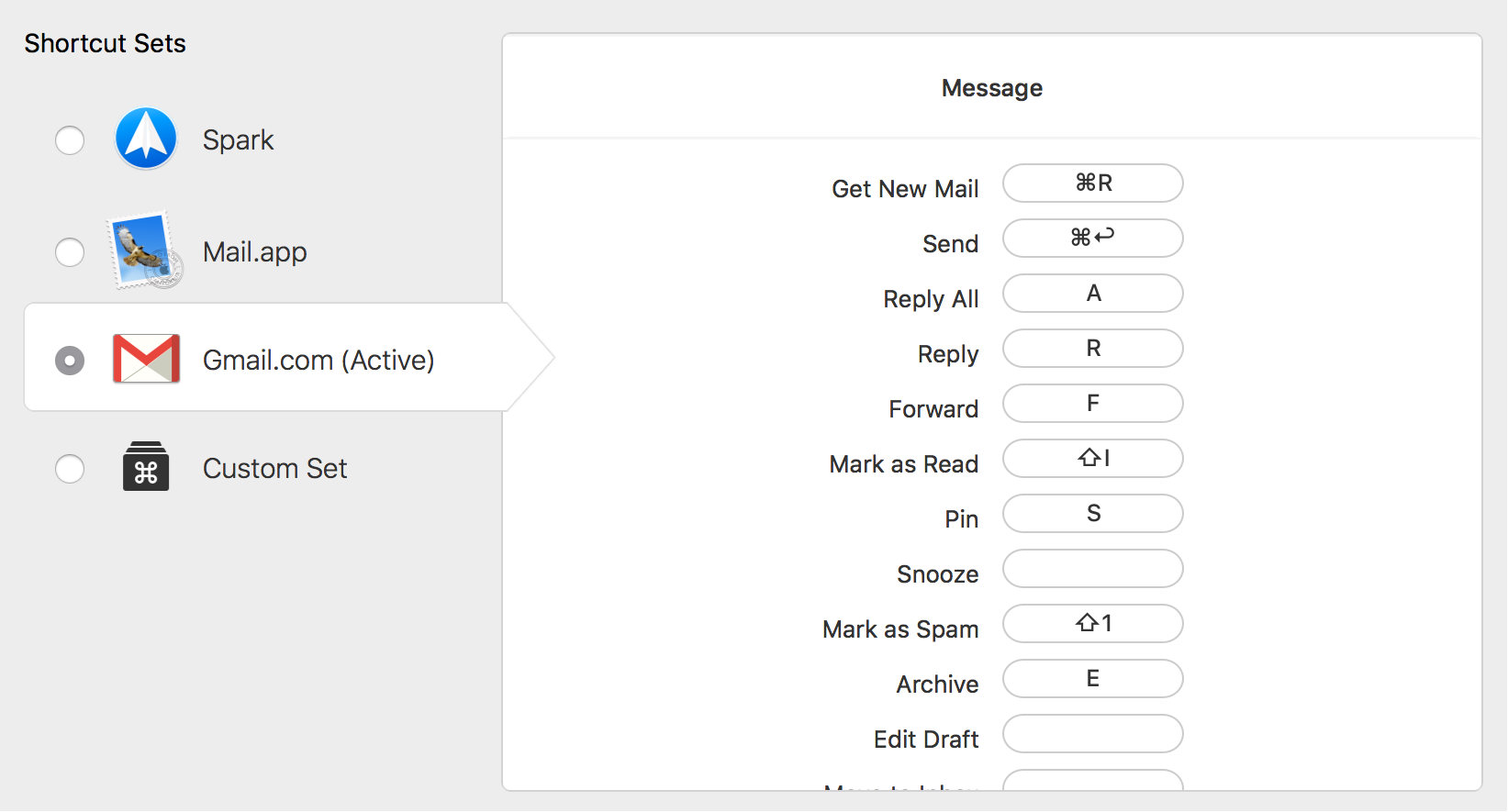 Les raccourcis clavier de Gmail (dans l'application Spark)