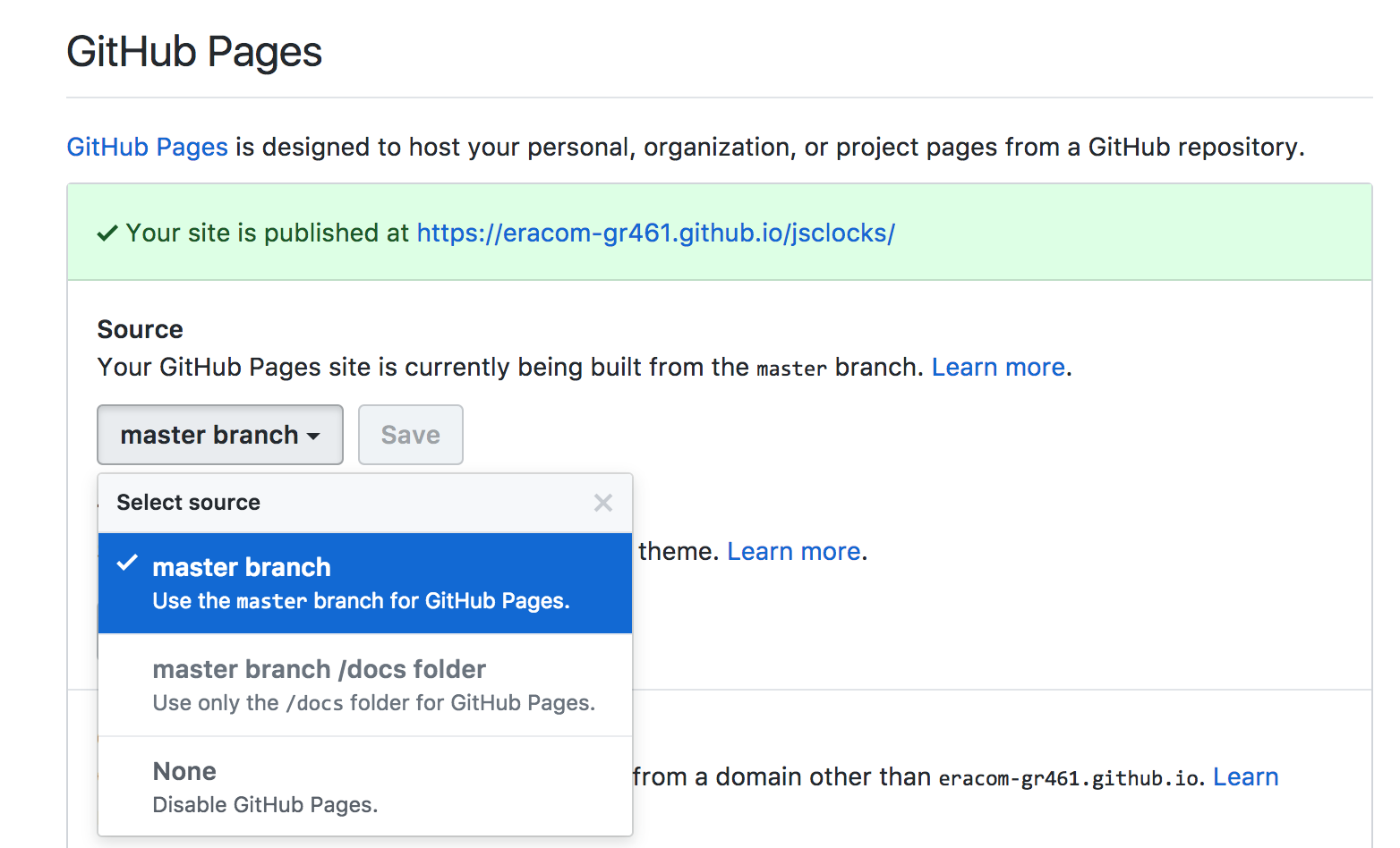 Réglages de GitHub Pages
