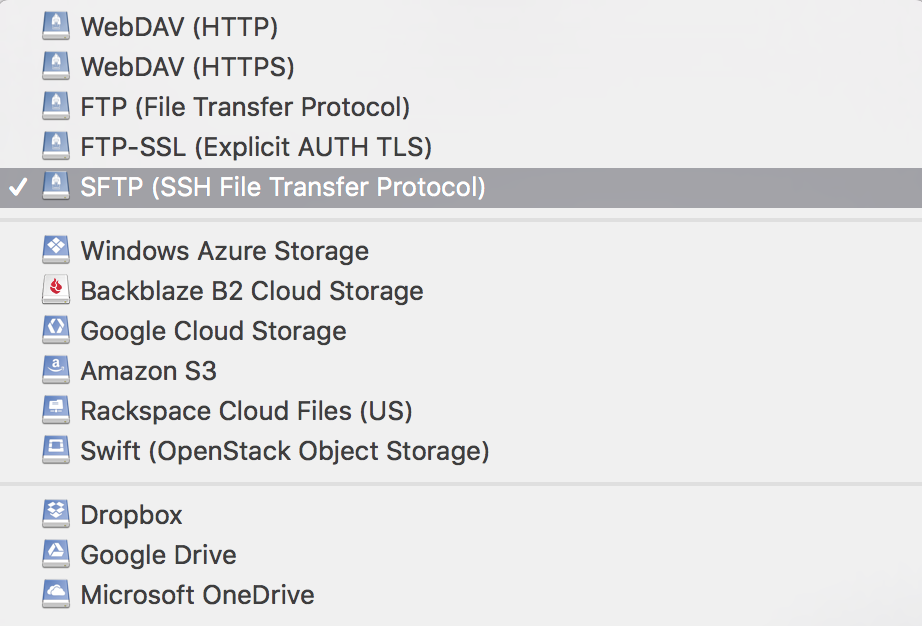 Choix du protocole de connexion dans CyberDuck